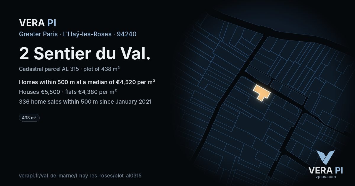 2 Sentier du Val, L'Haÿ-les-Roses at night – the plot lit, the parcels around coloured by the prices near them