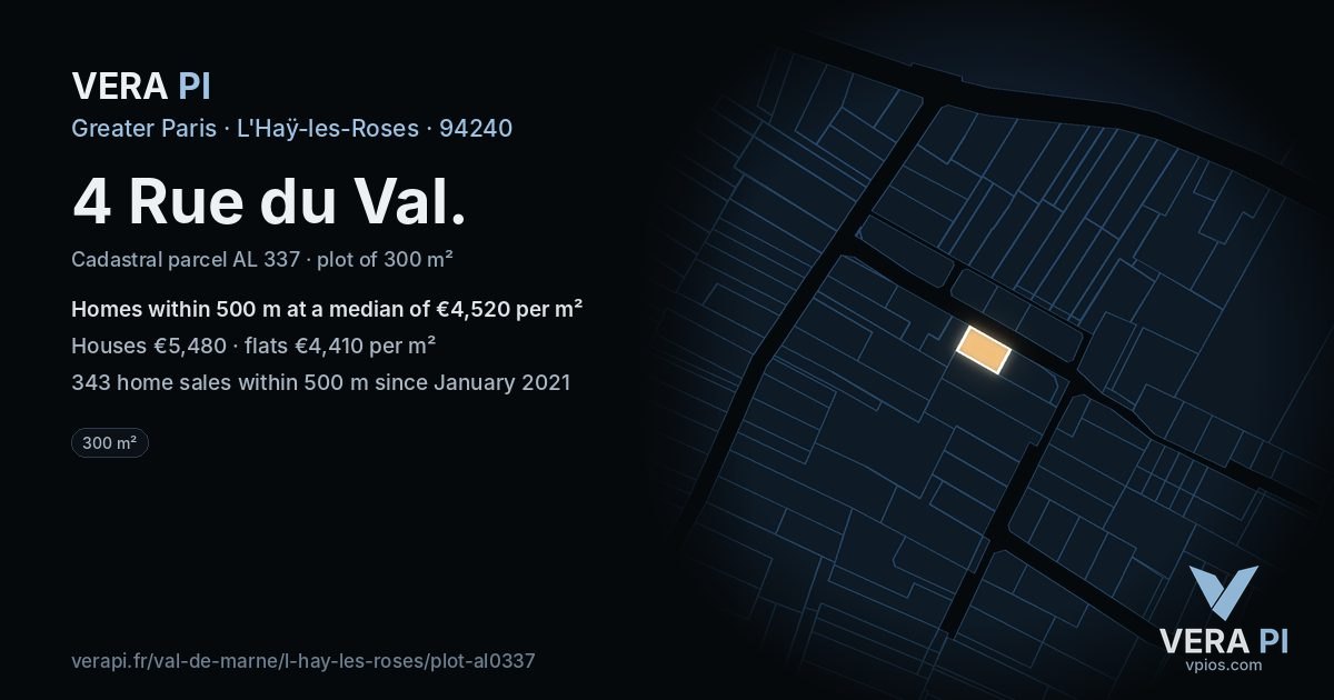 4 Rue du Val, L'Haÿ-les-Roses at night – the plot lit, the parcels around coloured by the prices near them
