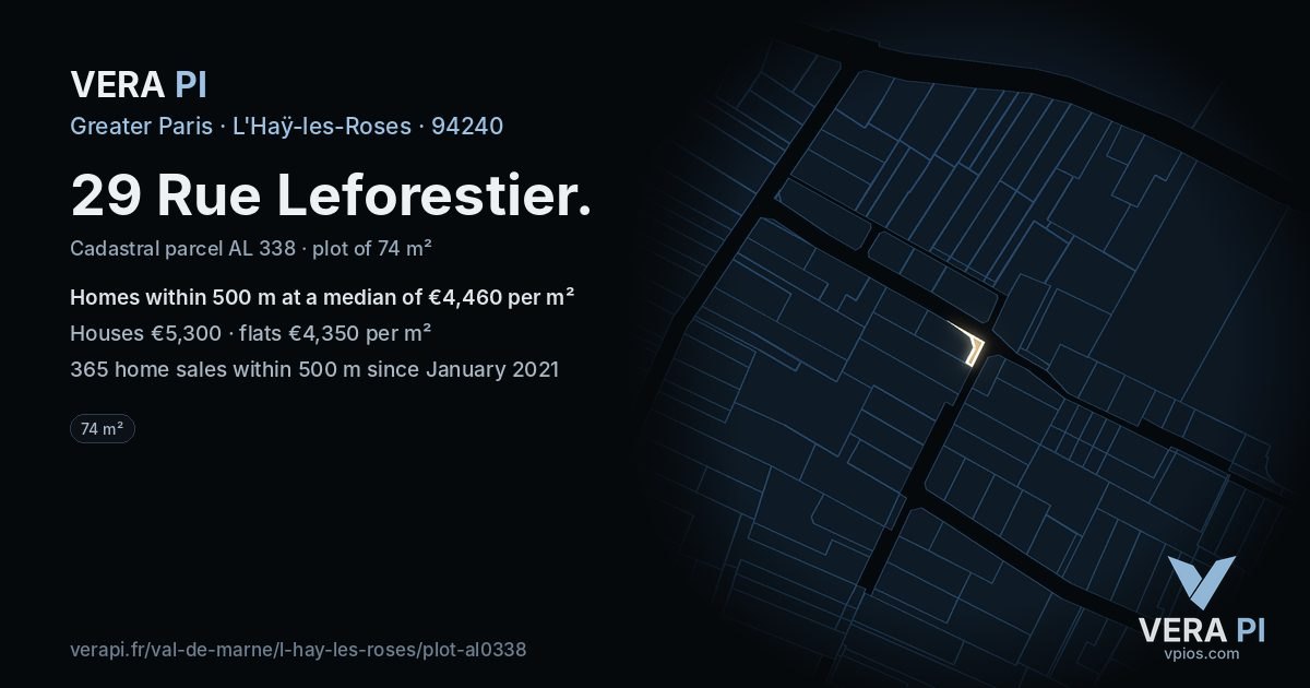 29 Rue Leforestier, L'Haÿ-les-Roses at night – the plot lit, the parcels around coloured by the prices near them