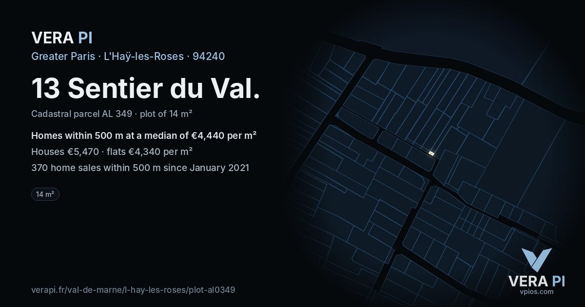 13 Sentier du Val, L'Haÿ-les-Roses at night – the plot lit, the parcels around coloured by the prices near them