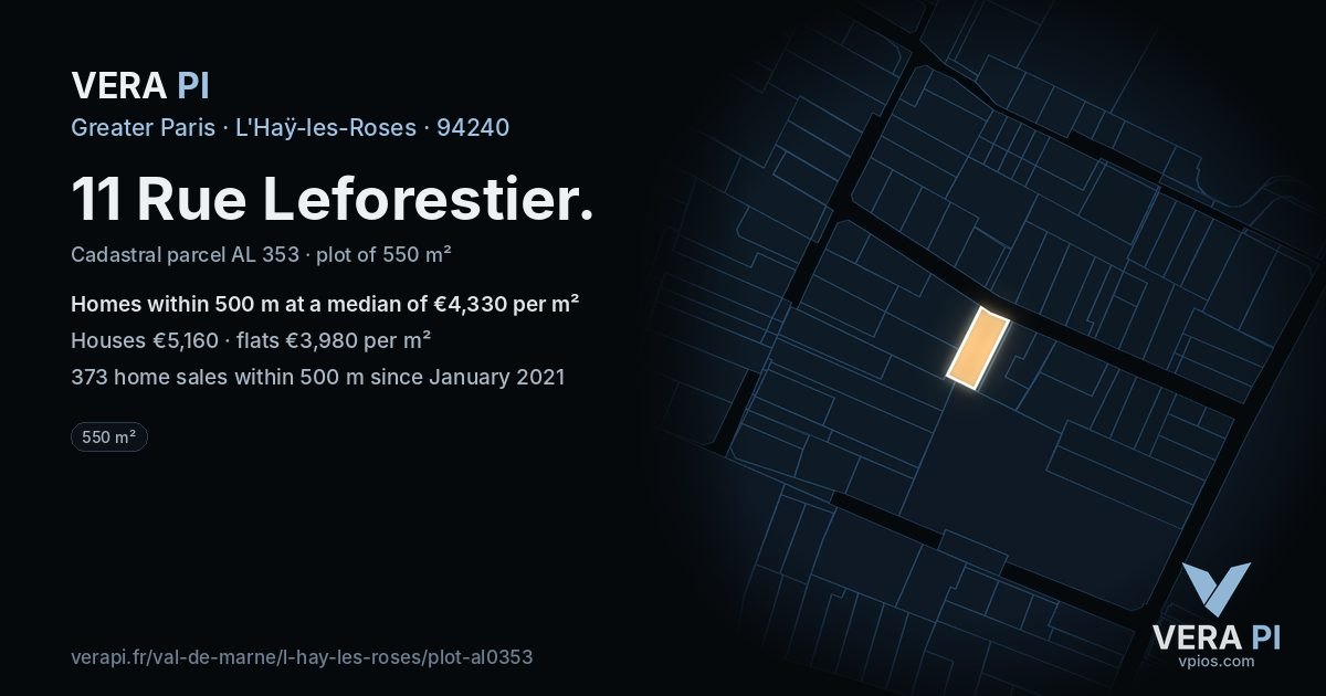 11 Rue Leforestier, L'Haÿ-les-Roses at night – the plot lit, the parcels around coloured by the prices near them