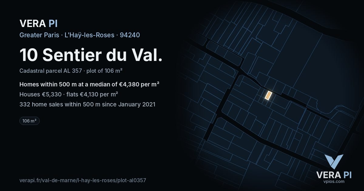 10 Sentier du Val, L'Haÿ-les-Roses at night – the plot lit, the parcels around coloured by the prices near them
