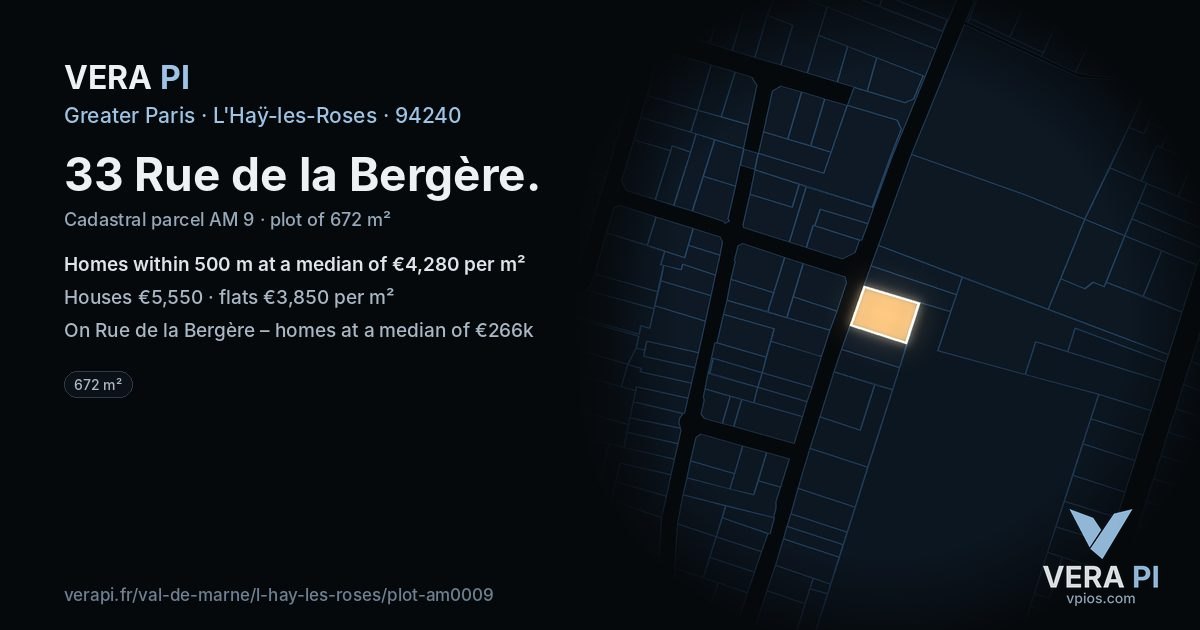 33 Rue de la Bergère, L'Haÿ-les-Roses at night – the plot lit, the parcels around coloured by the prices near them
