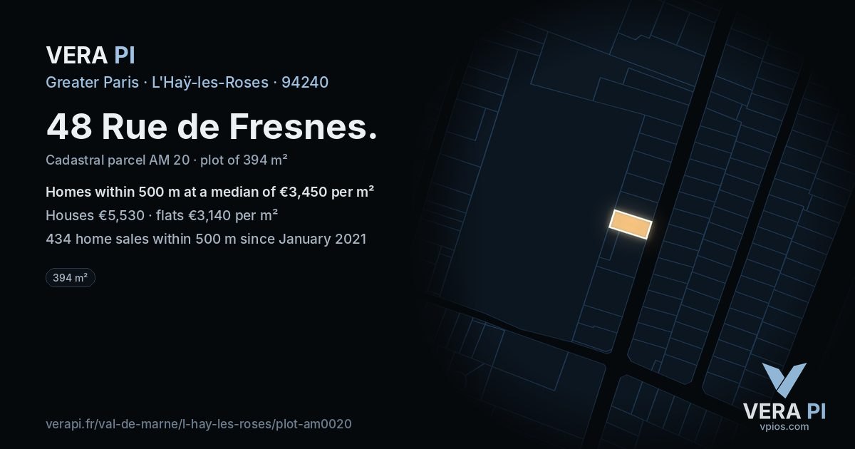 48 Rue de Fresnes, L'Haÿ-les-Roses at night – the plot lit, the parcels around coloured by the prices near them