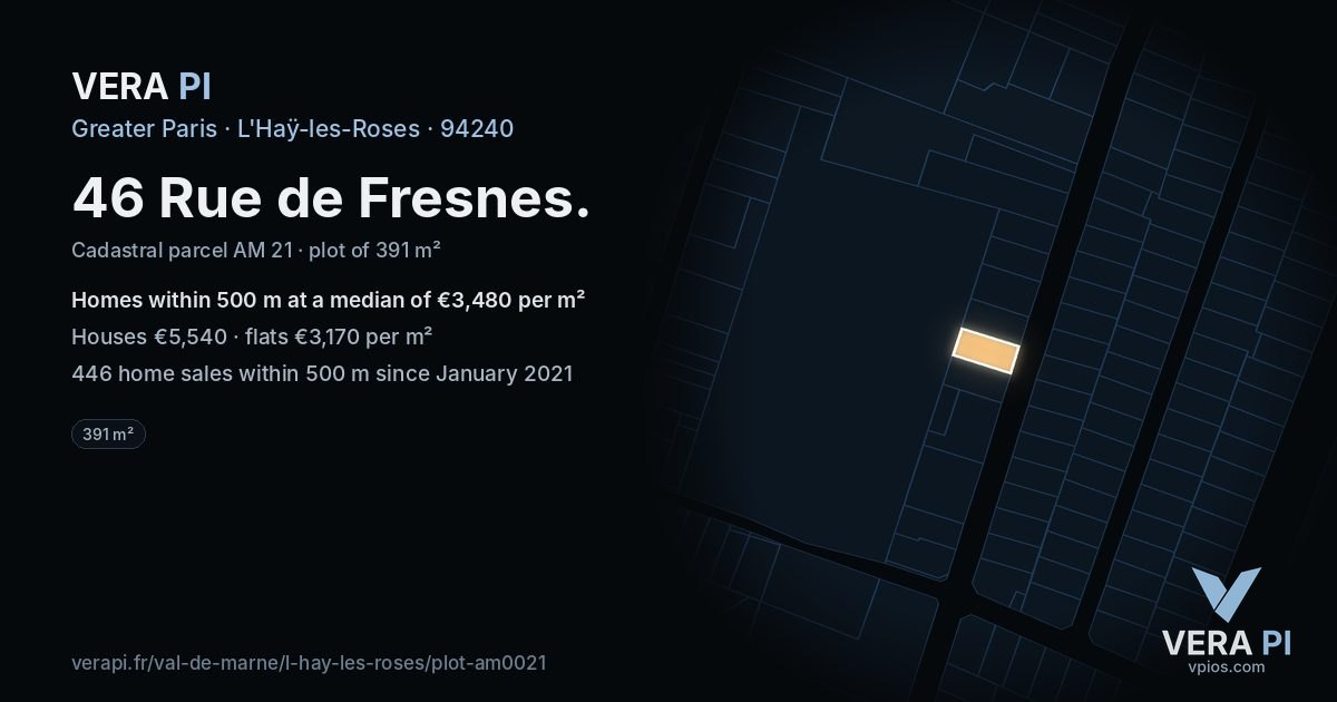 46 Rue de Fresnes, L'Haÿ-les-Roses at night – the plot lit, the parcels around coloured by the prices near them