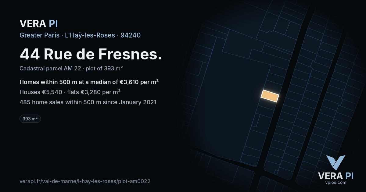 44 Rue de Fresnes, L'Haÿ-les-Roses at night – the plot lit, the parcels around coloured by the prices near them