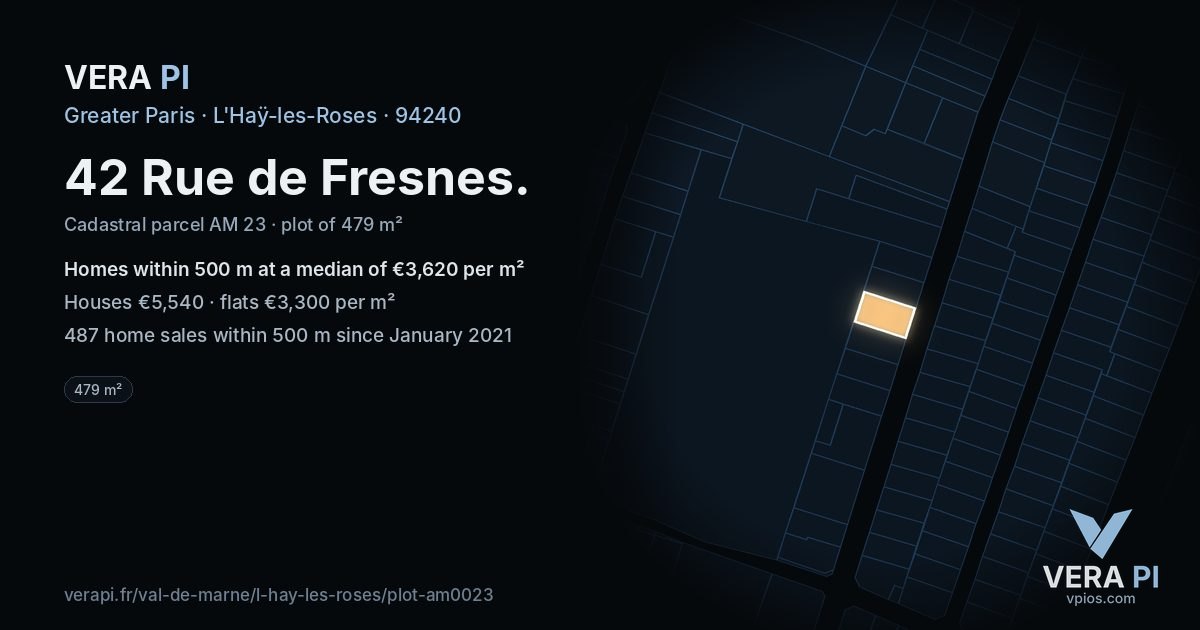 42 Rue de Fresnes, L'Haÿ-les-Roses at night – the plot lit, the parcels around coloured by the prices near them