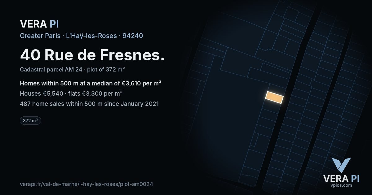 40 Rue de Fresnes, L'Haÿ-les-Roses at night – the plot lit, the parcels around coloured by the prices near them