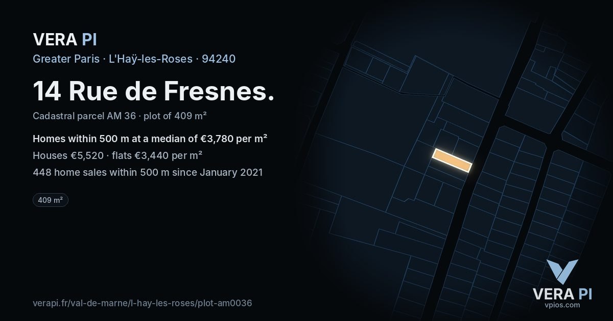 14 Rue de Fresnes, L'Haÿ-les-Roses at night – the plot lit, the parcels around coloured by the prices near them