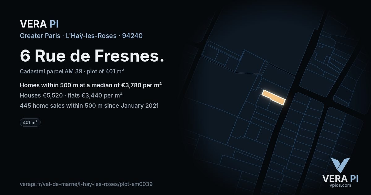 6 Rue de Fresnes, L'Haÿ-les-Roses at night – the plot lit, the parcels around coloured by the prices near them