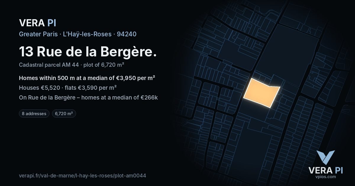 13 Rue de la Bergère, L'Haÿ-les-Roses at night – the plot lit, the parcels around coloured by the prices near them
