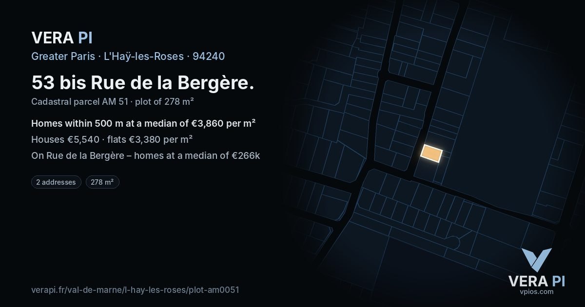 53 bis Rue de la Bergère, L'Haÿ-les-Roses at night – the plot lit, the parcels around coloured by the prices near them