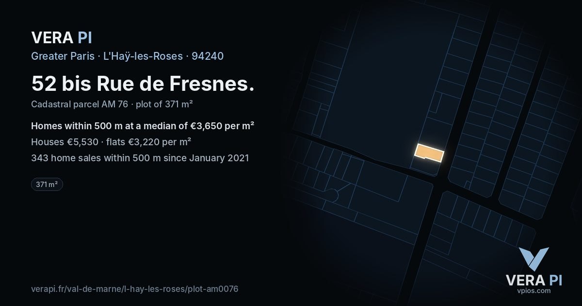 52 bis Rue de Fresnes, L'Haÿ-les-Roses at night – the plot lit, the parcels around coloured by the prices near them