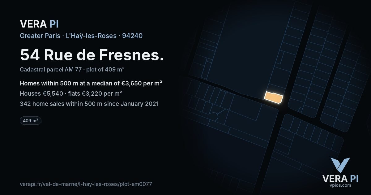 54 Rue de Fresnes, L'Haÿ-les-Roses at night – the plot lit, the parcels around coloured by the prices near them