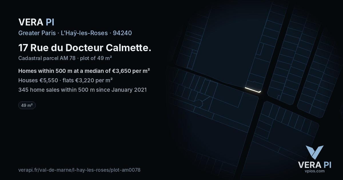 17 Rue du Docteur Calmette, L'Haÿ-les-Roses at night – the plot lit, the parcels around coloured by the prices near them