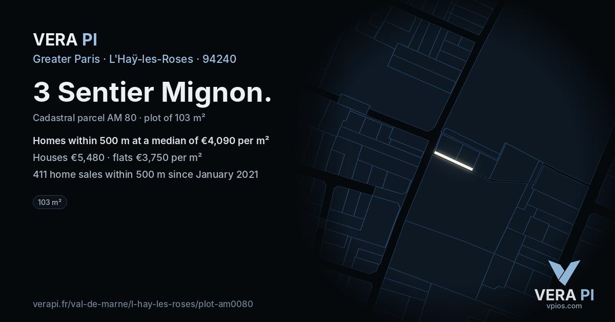 3 Sentier Mignon, L'Haÿ-les-Roses at night – the plot lit, the parcels around coloured by the prices near them