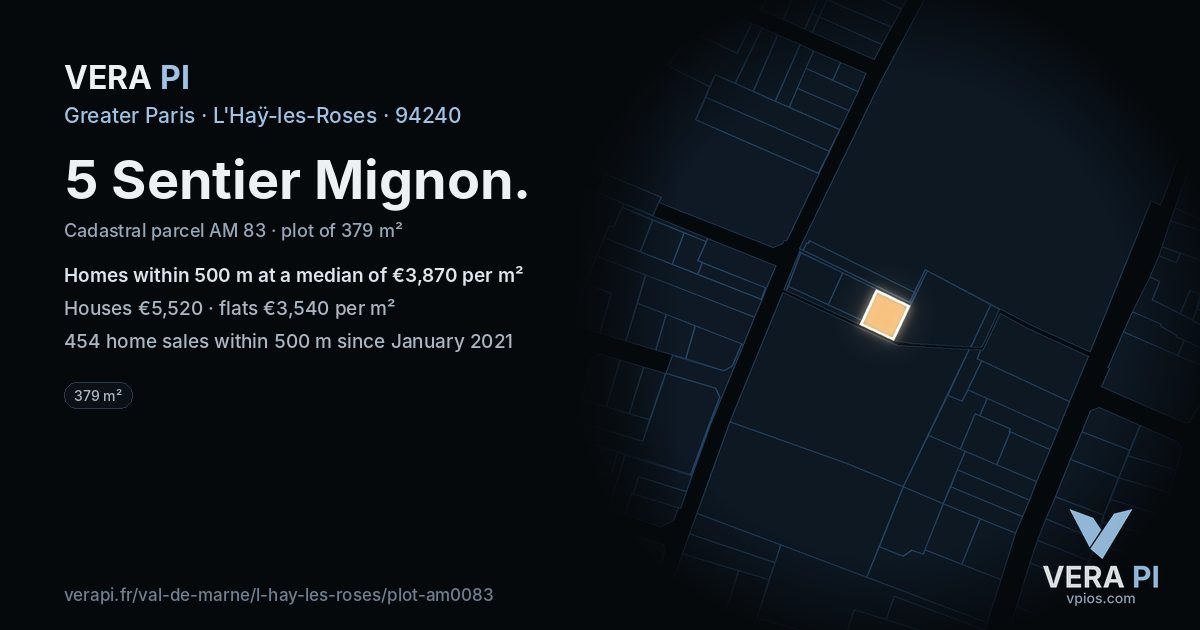 5 Sentier Mignon, L'Haÿ-les-Roses at night – the plot lit, the parcels around coloured by the prices near them