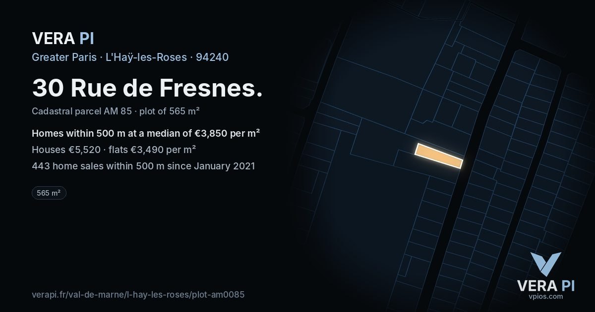 30 Rue de Fresnes, L'Haÿ-les-Roses at night – the plot lit, the parcels around coloured by the prices near them