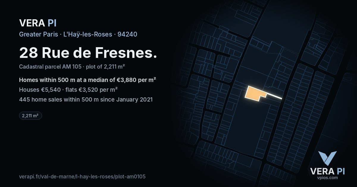 28 Rue de Fresnes, L'Haÿ-les-Roses at night – the plot lit, the parcels around coloured by the prices near them
