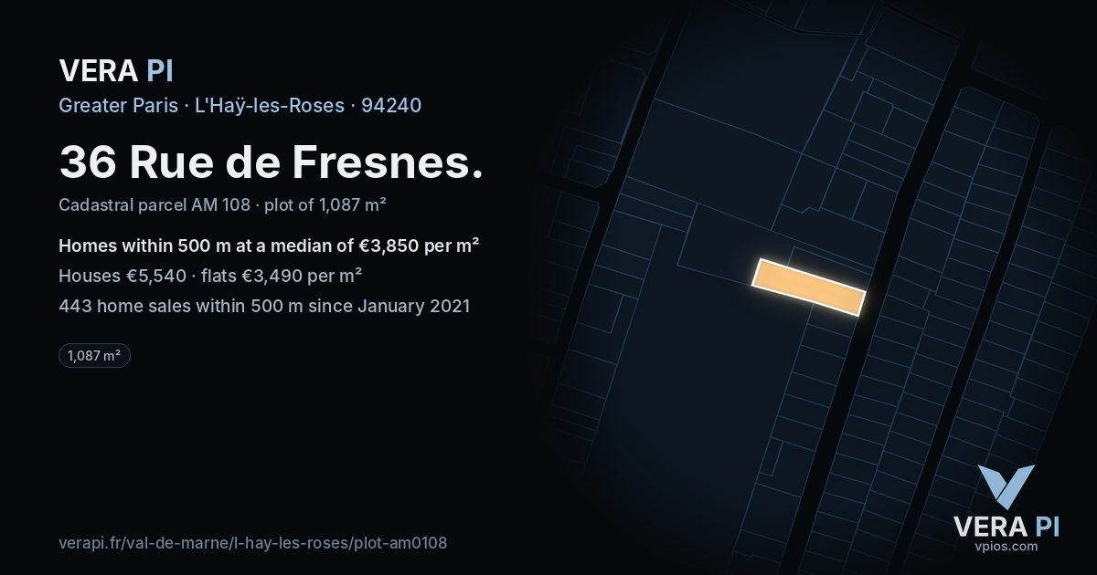 36 Rue de Fresnes, L'Haÿ-les-Roses at night – the plot lit, the parcels around coloured by the prices near them