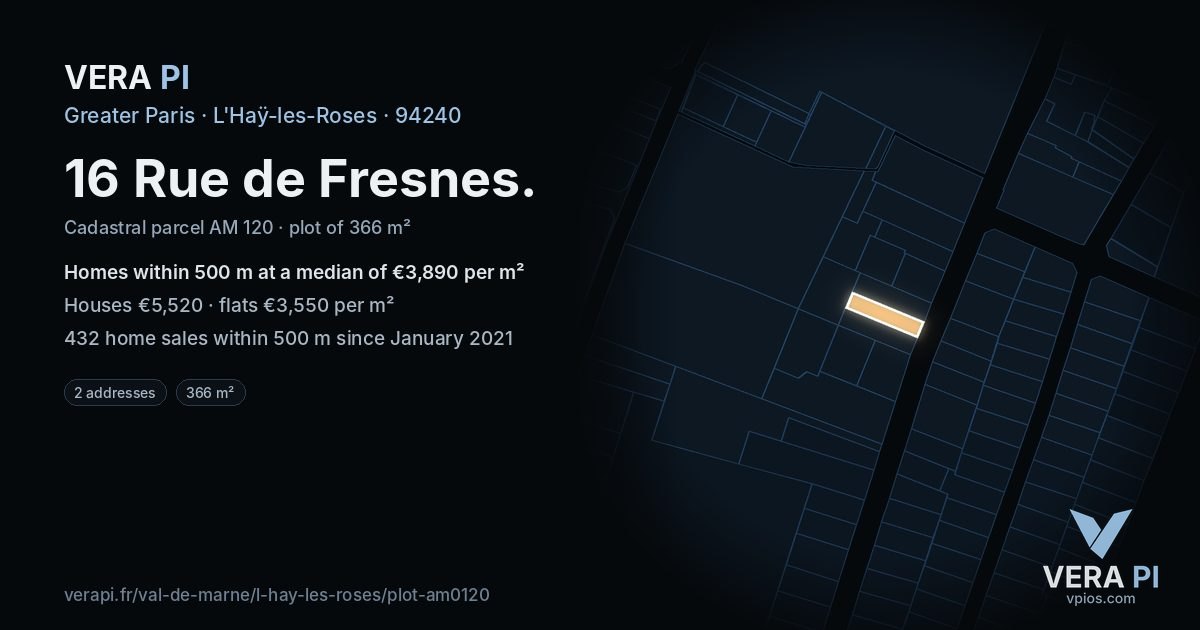 16 Rue de Fresnes, L'Haÿ-les-Roses at night – the plot lit, the parcels around coloured by the prices near them