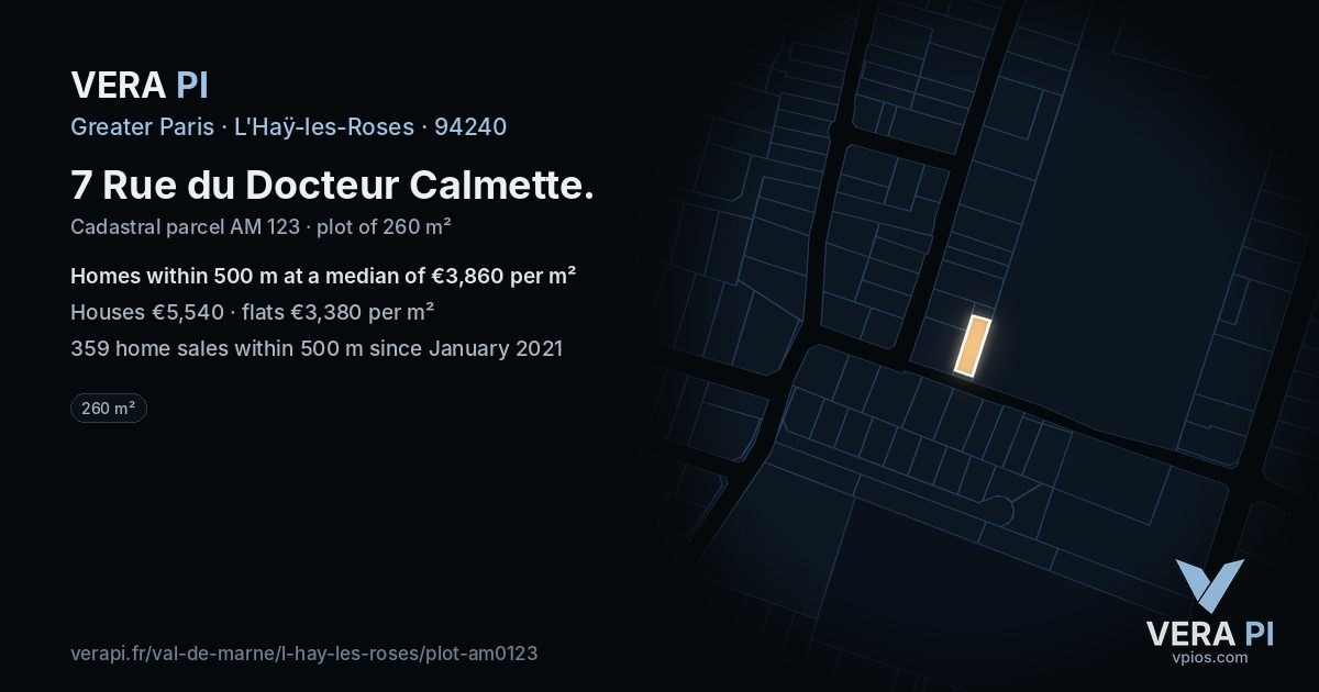 7 Rue du Docteur Calmette, L'Haÿ-les-Roses at night – the plot lit, the parcels around coloured by the prices near them