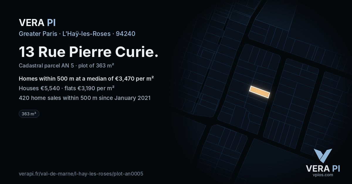 13 Rue Pierre Curie, L'Haÿ-les-Roses at night – the plot lit, the parcels around coloured by the prices near them