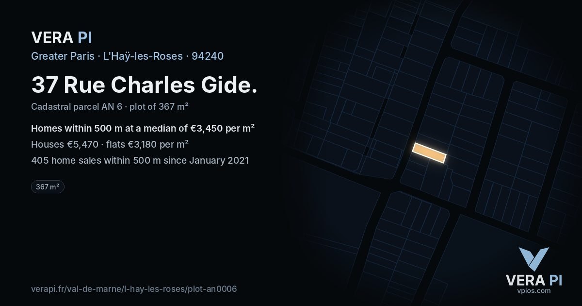 37 Rue Charles Gide, L'Haÿ-les-Roses at night – the plot lit, the parcels around coloured by the prices near them
