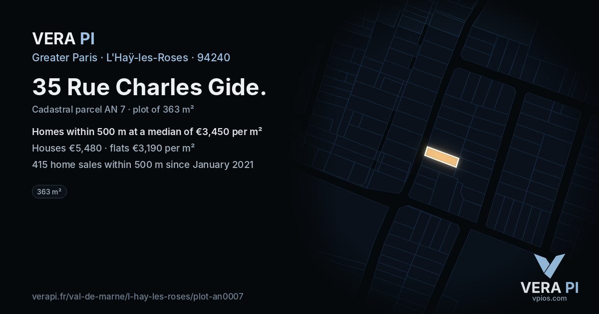 35 Rue Charles Gide, L'Haÿ-les-Roses at night – the plot lit, the parcels around coloured by the prices near them