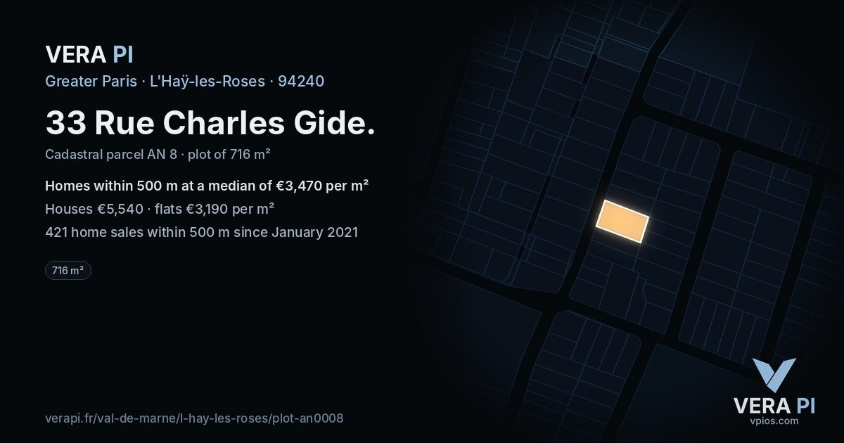 33 Rue Charles Gide, L'Haÿ-les-Roses at night – the plot lit, the parcels around coloured by the prices near them
