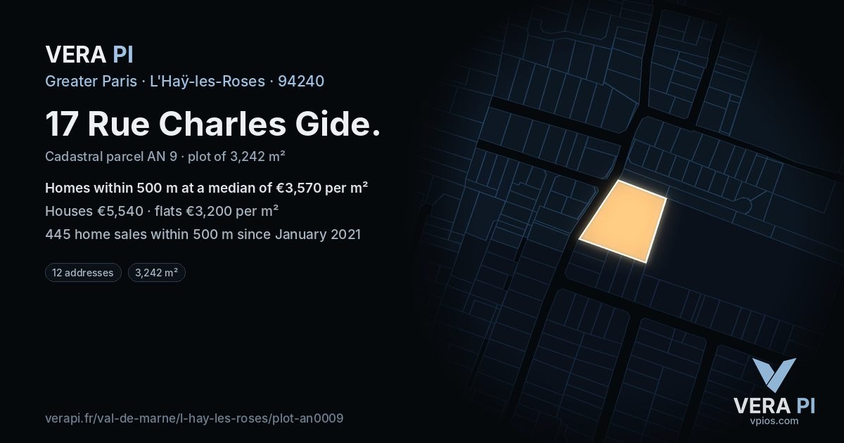 17 Rue Charles Gide, L'Haÿ-les-Roses at night – the plot lit, the parcels around coloured by the prices near them