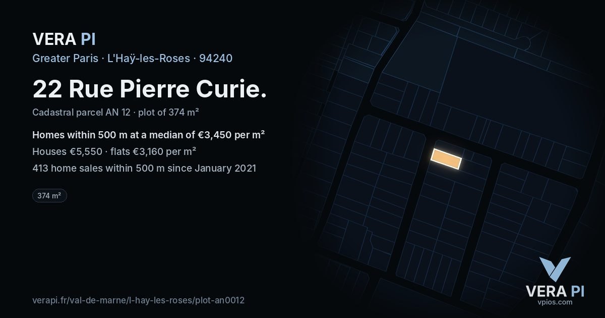 22 Rue Pierre Curie, L'Haÿ-les-Roses at night – the plot lit, the parcels around coloured by the prices near them