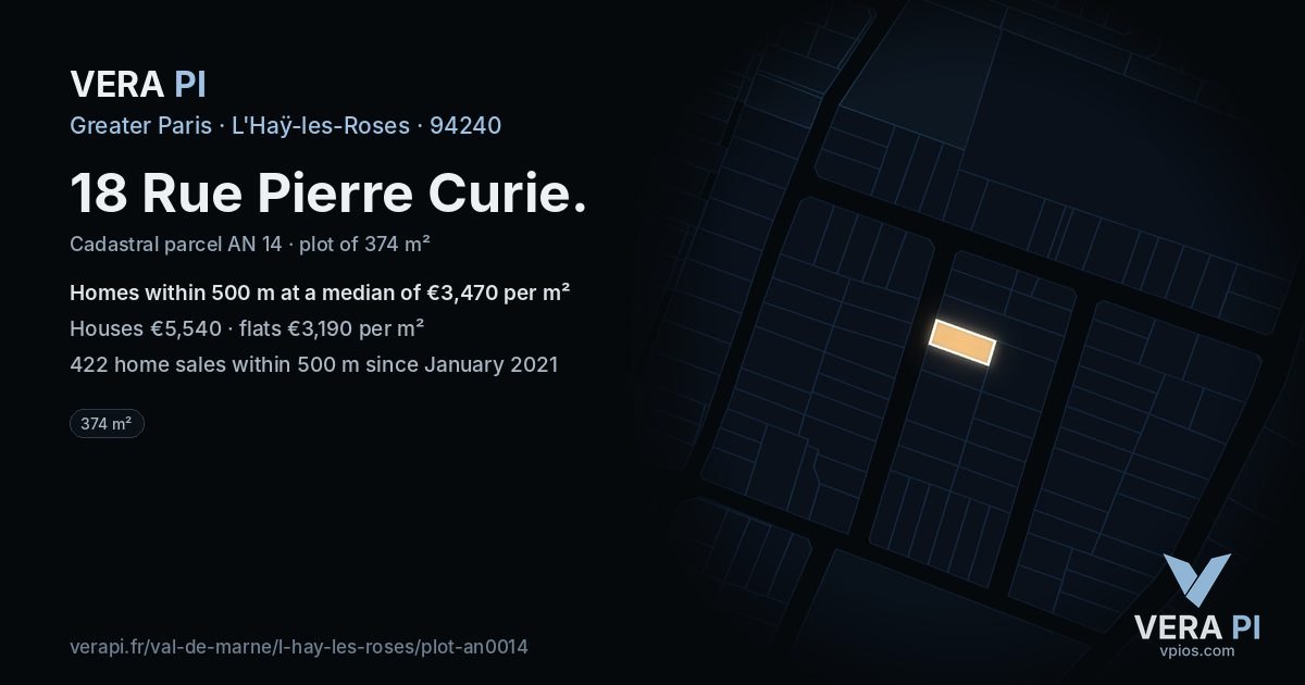18 Rue Pierre Curie, L'Haÿ-les-Roses at night – the plot lit, the parcels around coloured by the prices near them