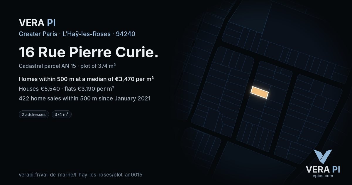 16 Rue Pierre Curie, L'Haÿ-les-Roses at night – the plot lit, the parcels around coloured by the prices near them