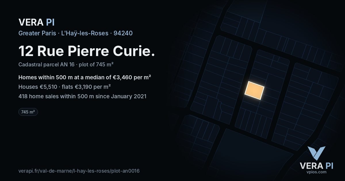 12 Rue Pierre Curie, L'Haÿ-les-Roses at night – the plot lit, the parcels around coloured by the prices near them