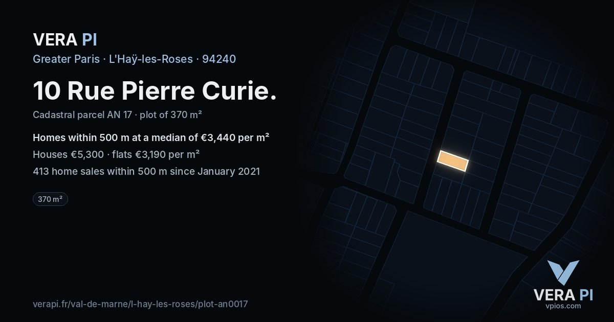 10 Rue Pierre Curie, L'Haÿ-les-Roses at night – the plot lit, the parcels around coloured by the prices near them