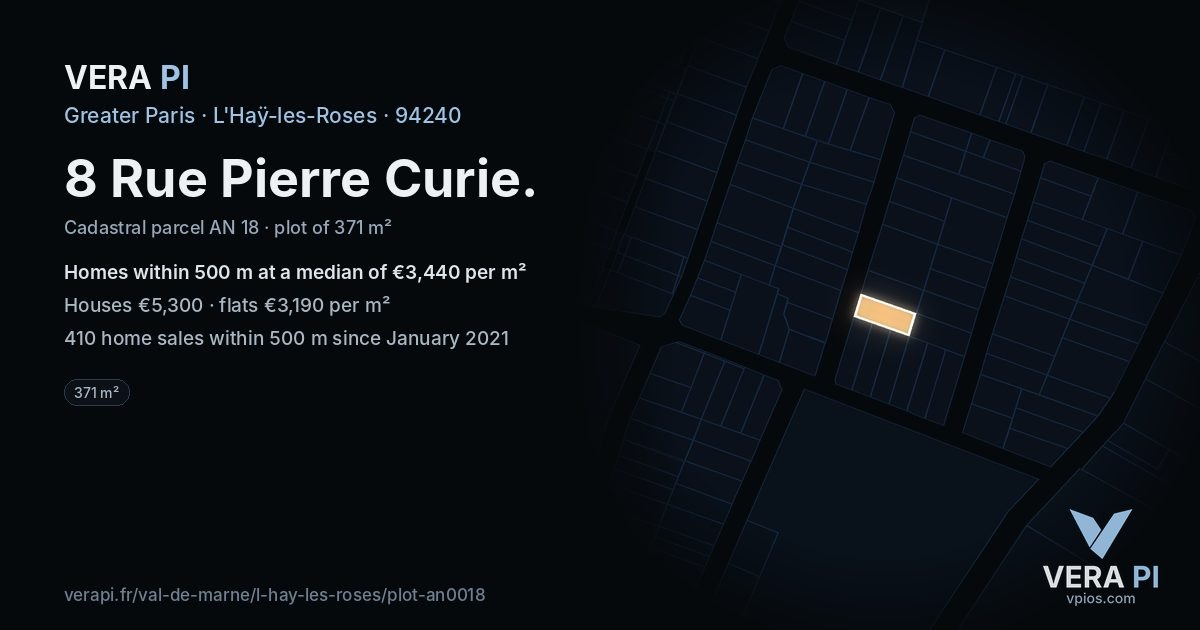8 Rue Pierre Curie, L'Haÿ-les-Roses at night – the plot lit, the parcels around coloured by the prices near them