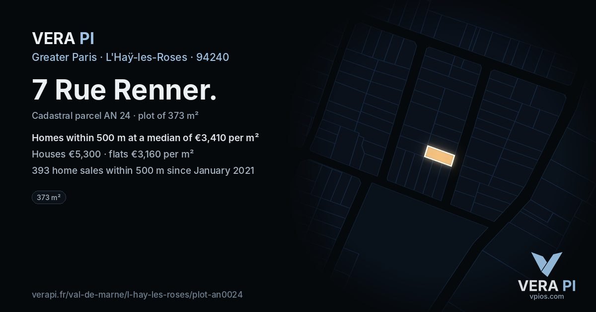 7 Rue Renner, L'Haÿ-les-Roses at night – the plot lit, the parcels around coloured by the prices near them