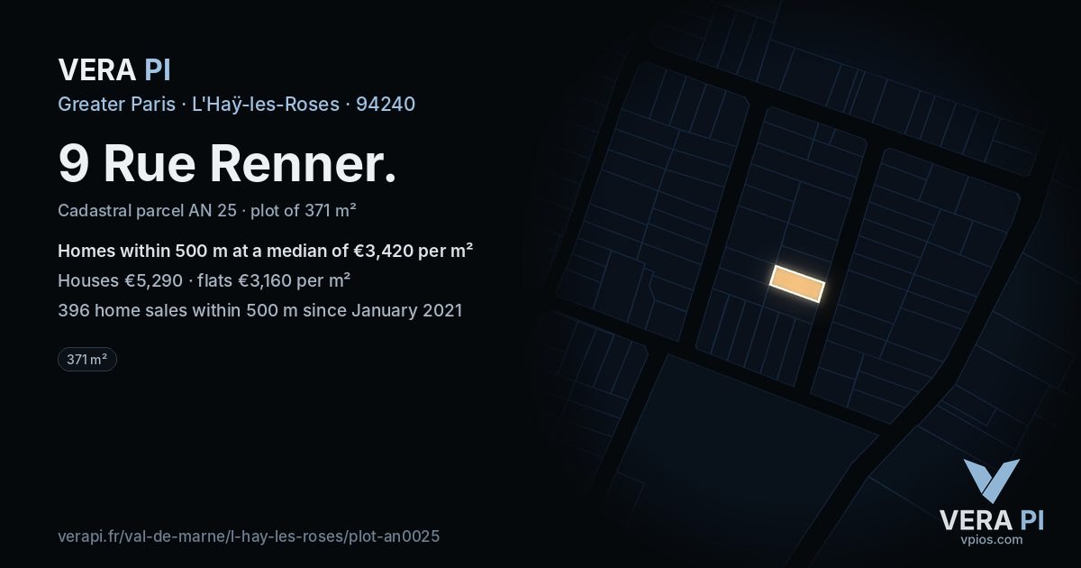 9 Rue Renner, L'Haÿ-les-Roses at night – the plot lit, the parcels around coloured by the prices near them