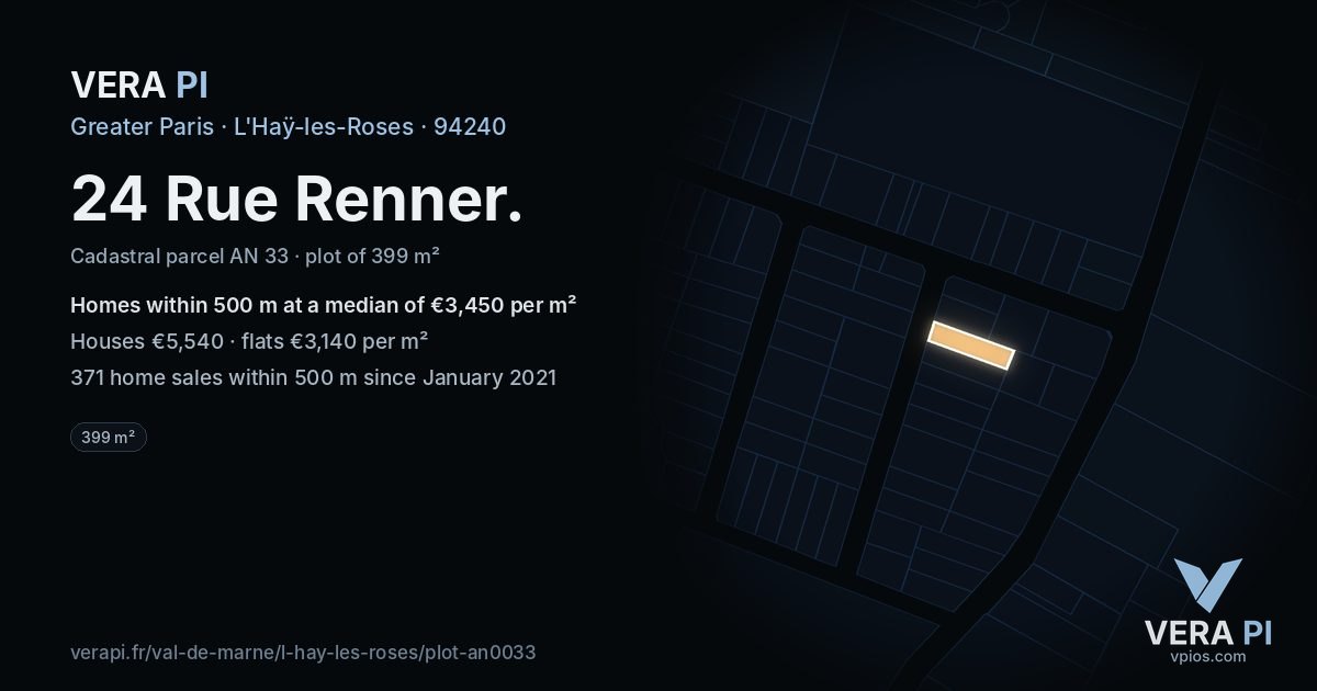24 Rue Renner, L'Haÿ-les-Roses at night – the plot lit, the parcels around coloured by the prices near them