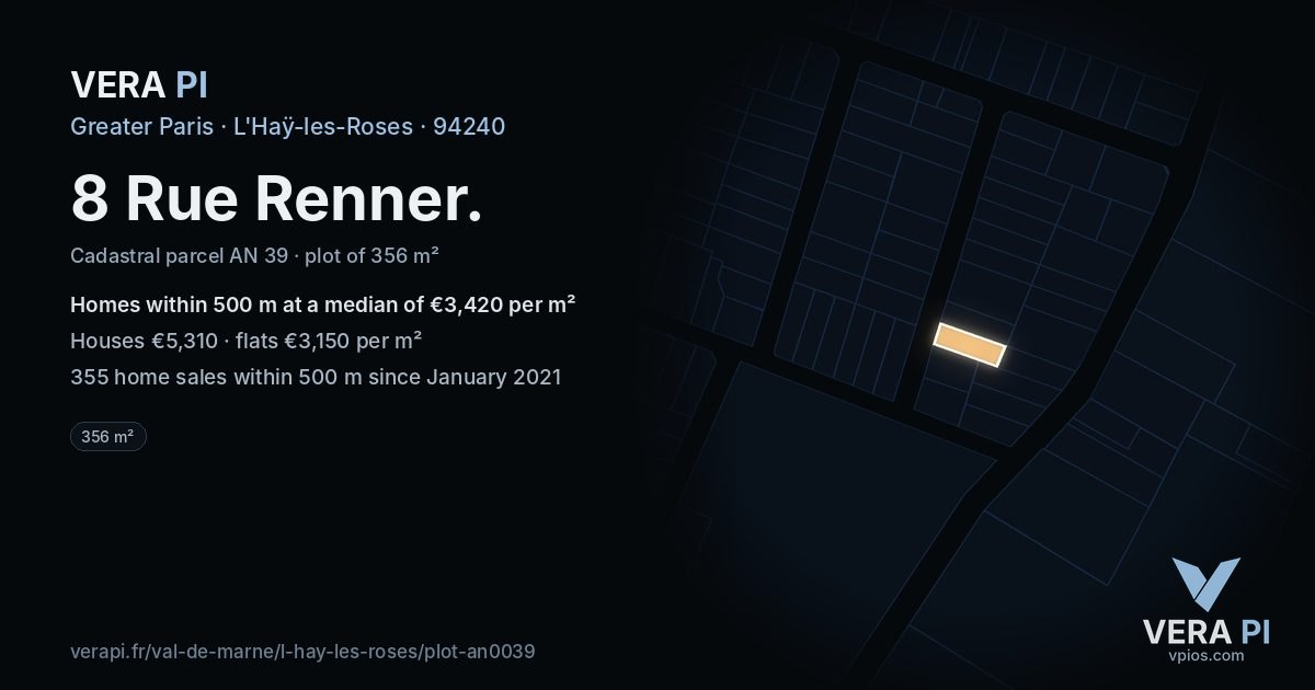 8 Rue Renner, L'Haÿ-les-Roses at night – the plot lit, the parcels around coloured by the prices near them