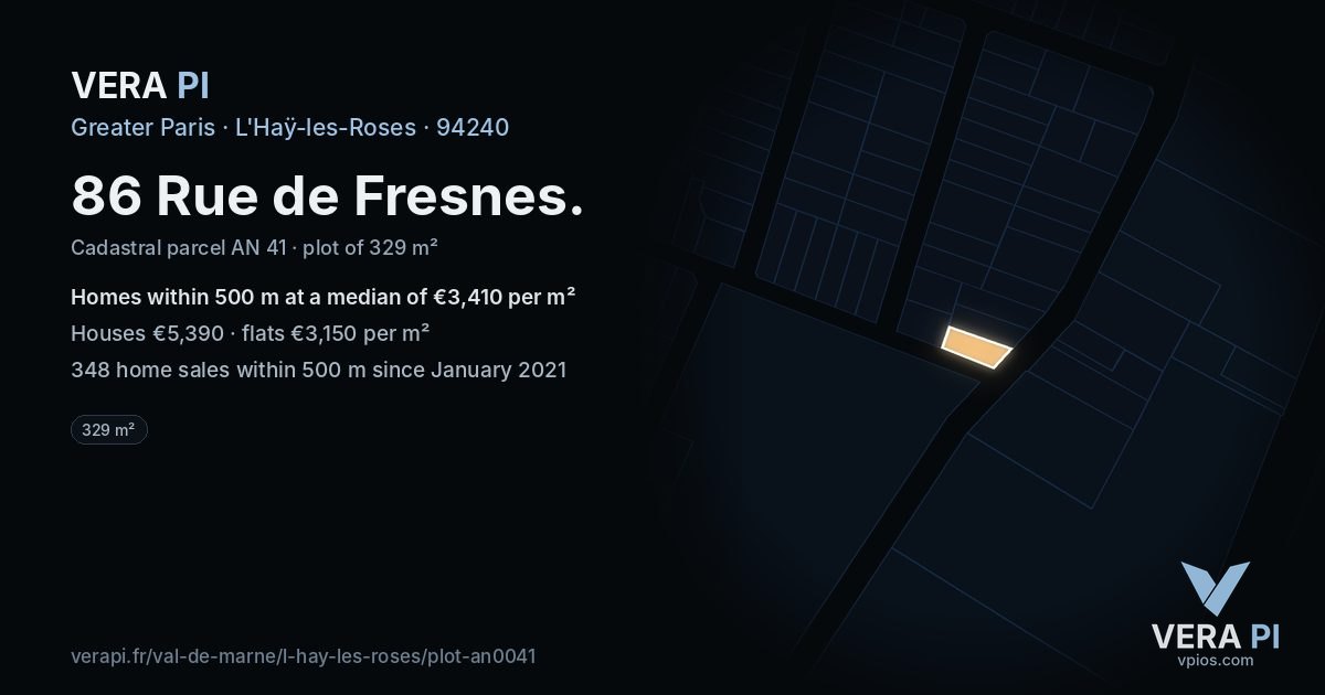 86 Rue de Fresnes, L'Haÿ-les-Roses at night – the plot lit, the parcels around coloured by the prices near them