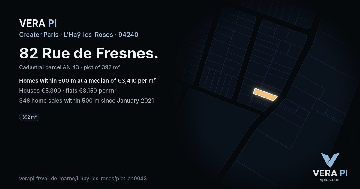 82 Rue de Fresnes, L'Haÿ-les-Roses at night – the plot lit, the parcels around coloured by the prices near them