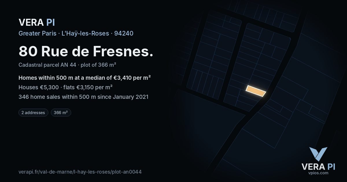 80 Rue de Fresnes, L'Haÿ-les-Roses at night – the plot lit, the parcels around coloured by the prices near them