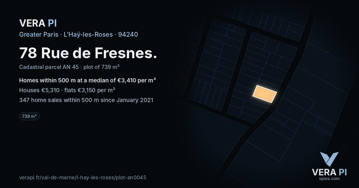 78 Rue de Fresnes, L'Haÿ-les-Roses at night – the plot lit, the parcels around coloured by the prices near them