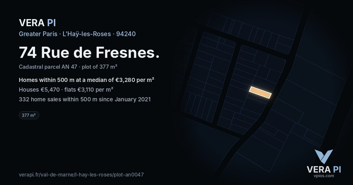 74 Rue de Fresnes, L'Haÿ-les-Roses at night – the plot lit, the parcels around coloured by the prices near them