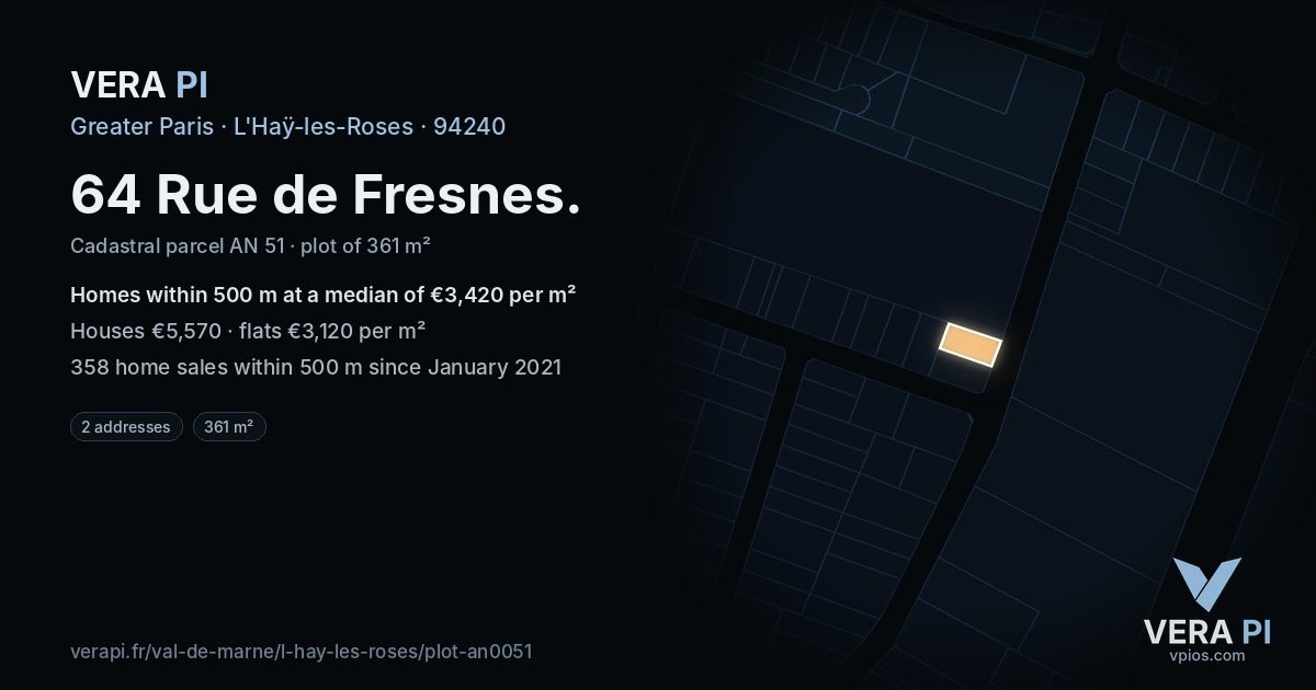 64 Rue de Fresnes, L'Haÿ-les-Roses at night – the plot lit, the parcels around coloured by the prices near them