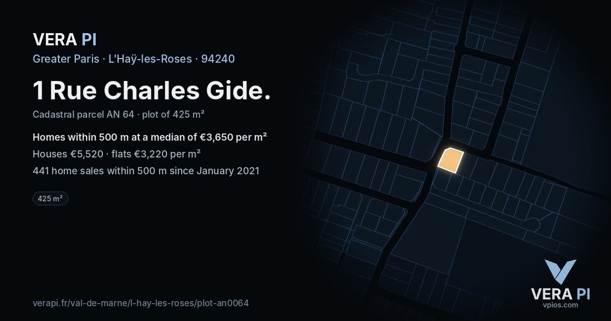 1 Rue Charles Gide, L'Haÿ-les-Roses at night – the plot lit, the parcels around coloured by the prices near them