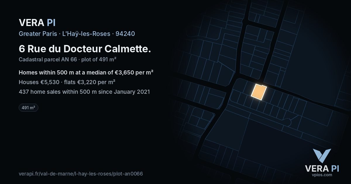 6 Rue du Docteur Calmette, L'Haÿ-les-Roses at night – the plot lit, the parcels around coloured by the prices near them