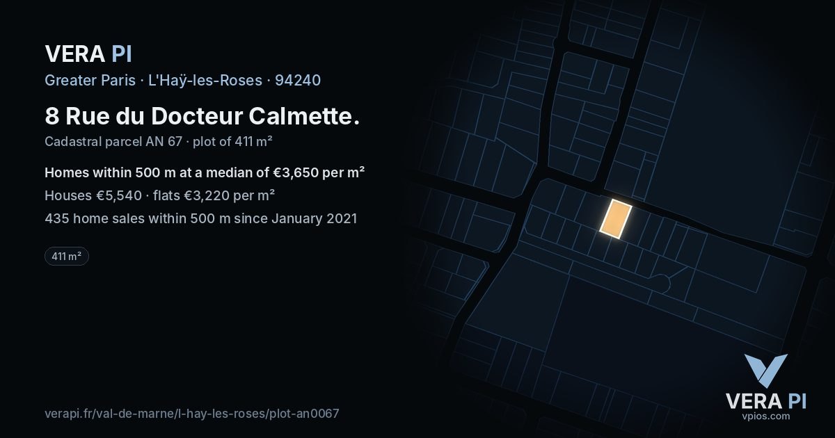 8 Rue du Docteur Calmette, L'Haÿ-les-Roses at night – the plot lit, the parcels around coloured by the prices near them